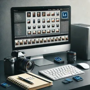 Editing workstation with a monitor displaying photo editing software, camera, lens, memory cards, and a notebook on the desk.