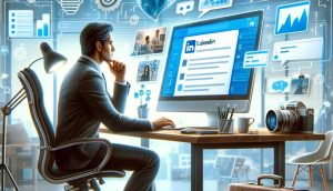 A man in a suit sits at a desk, viewing his LinkedIn profile on a computer, surrounded by floating social media icons and data visuals.