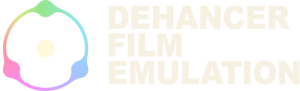 Dehancer Film Emulation logo with a multi-colored circular icon on the left and the text "Dehancer Film Emulation" on the right.
