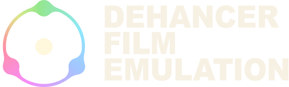 Dehancer Film Emulation logo with a multi-colored circular icon on the left and the text "Dehancer Film Emulation" on the right.