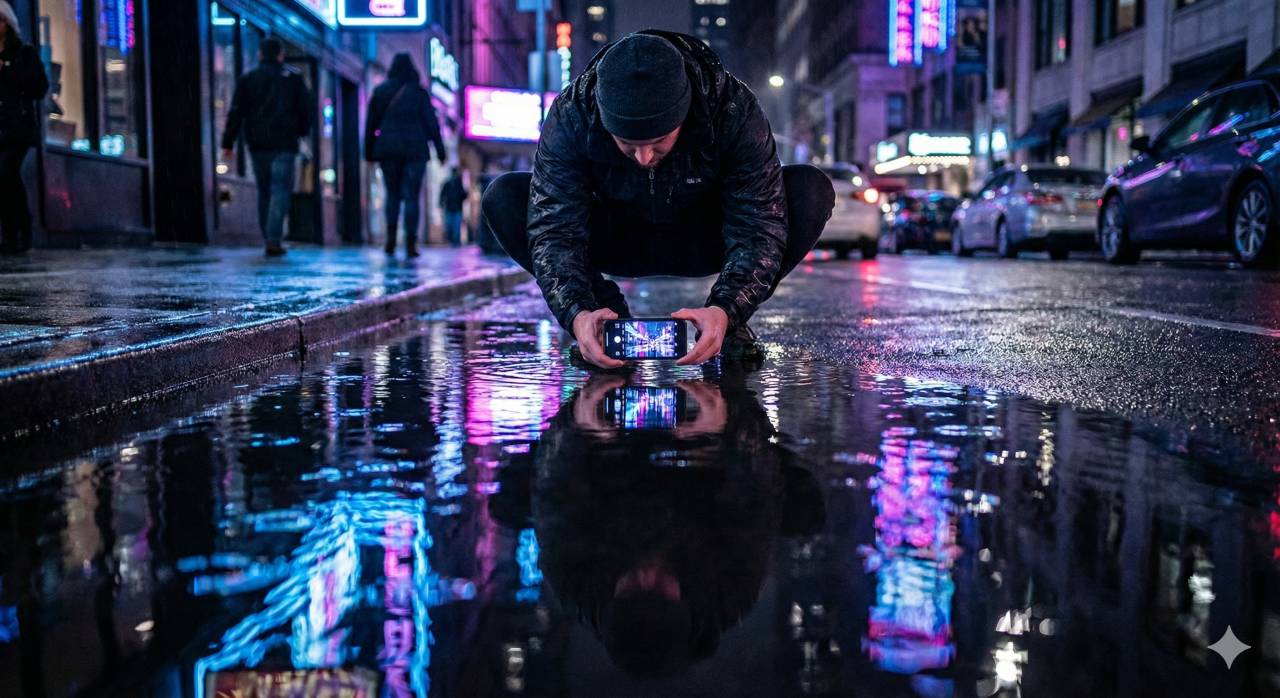 Reflection-based smartphone composition using puddles or glass surfaces
