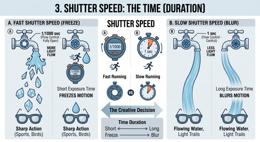 A detailed technical diagram illustrating camera shutter speed using water and time analogies, following the technical style of previous images. It contrasts 'Fast Shutter Speed (1/1000s)' which blurs the light stream into frozen jagged droplets and freezes motion, with 'Slow Shutter Speed (1s)' which blurs the light stream into a smooth continuous flow and blurs motion. Stopwatch icons are labeled for 'Time Duration', 'Exposure Time', and creative outcomes (Freeze vs Blur), maintaining consistency