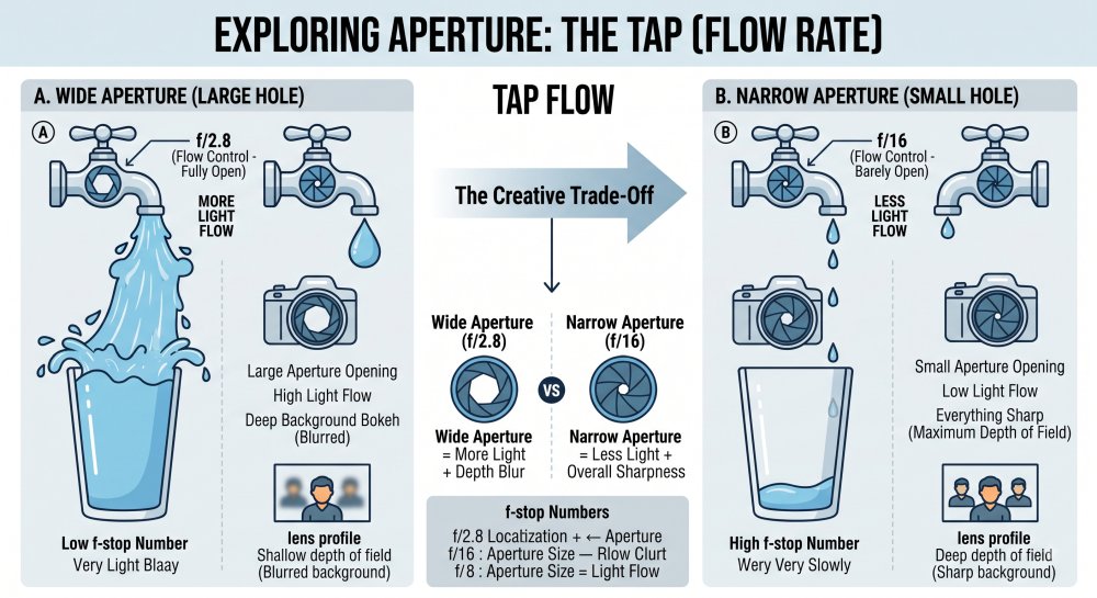 A detailed technical diagram illustrating camera aperture using the analogy of a water faucet. It contrasts a 'Wide Aperture (f/2.8)' faucet (left), labeled 'Large Hole, Lots of Light Flow', with a 'Narrow Aperture (f/16)' faucet (right), labeled 'Small Hole, Little Light Flow'. Below each, simple camera lens cross-sections and icons show how a large aperture blurs backgrounds (f/2.8) and a small aperture keeps everything sharp (f/16). The diagram links f-stop numbers to light flow, aperture size, and depth of field.