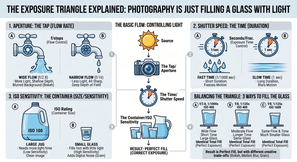 A comprehensive infographic explaining the photography exposure triangle using the analogy of a water faucet filling a glass. It shows aperture as the tap's flow rate (f/2.8 vs. f/16), shutter speed as the duration (1/1000s vs. 1s), and ISO as the container size (ISO 100 jug vs. ISO 3200 shot glass). The final panel demonstrates how different combinations achieve identical perfect exposure while affecting bokeh, motion blur, and grain.