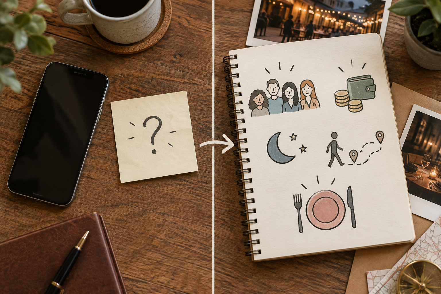 An illustrative comparison of a vague AI request and a detailed restaurant brief with group, budget and timing cues.