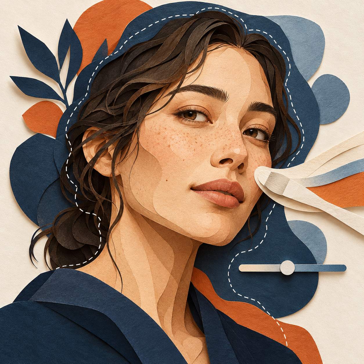 Paper-cut portrait with natural layered facial detail, a delicate selection outline and a restrained editing slider.