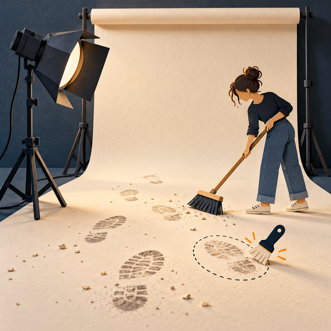 Paper-cut studio backdrop with dusty footprints and a small selection brush suggesting careful background cleanup.