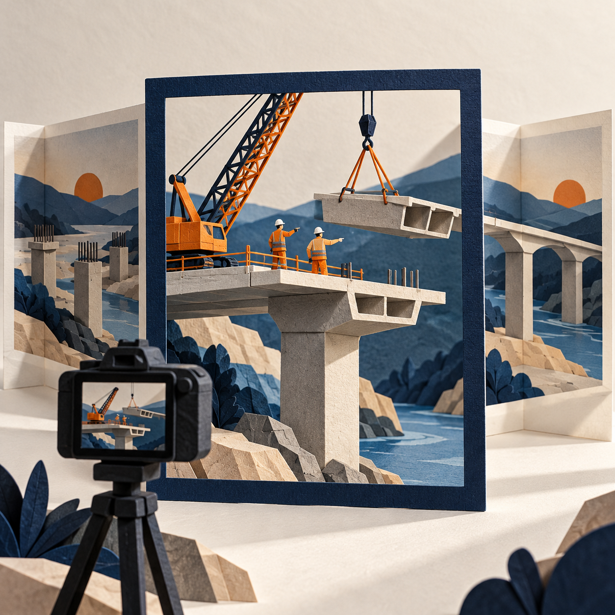 Paper-cut construction scene with workers, a partly completed bridge and a camera frame recording that stage of the project.