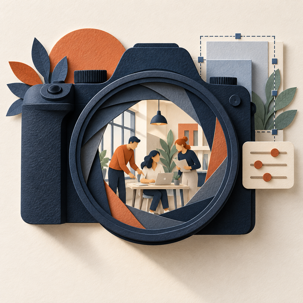 Paper-cut illustration of a camera framing three colleagues at work, with selection outlines and editing sliders alongside.