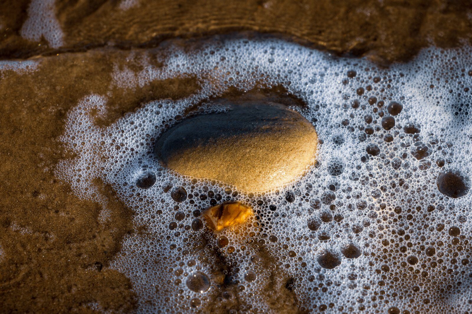 A rounded stone in wet sand surrounded by a curved pattern of white sea-foam bubbles.